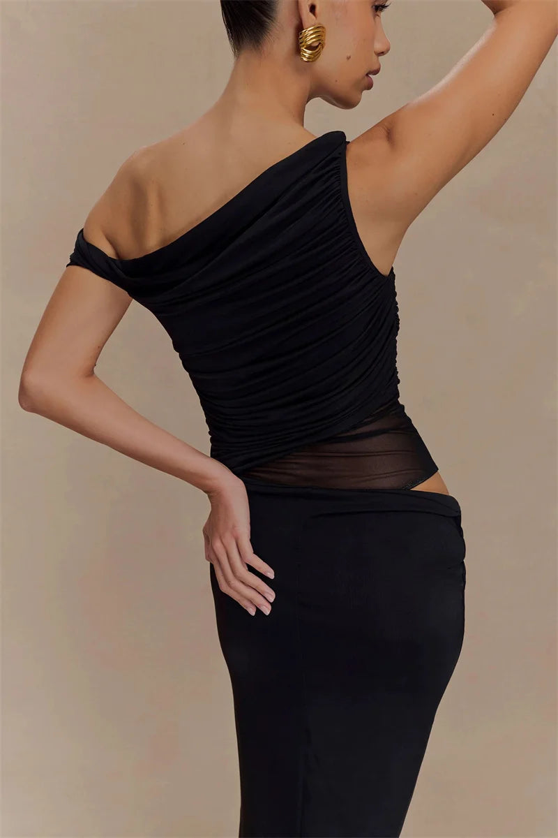Marcelle One Shoulder Ruched Mesh Cut Out Maxi Dress – Black or Sage Green Summer Bodycon Gown