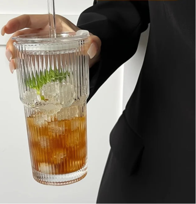 Ribbed Glass Tumbler with Straw & Lid – Large Iced Coffee Cup or for Cold Drinks