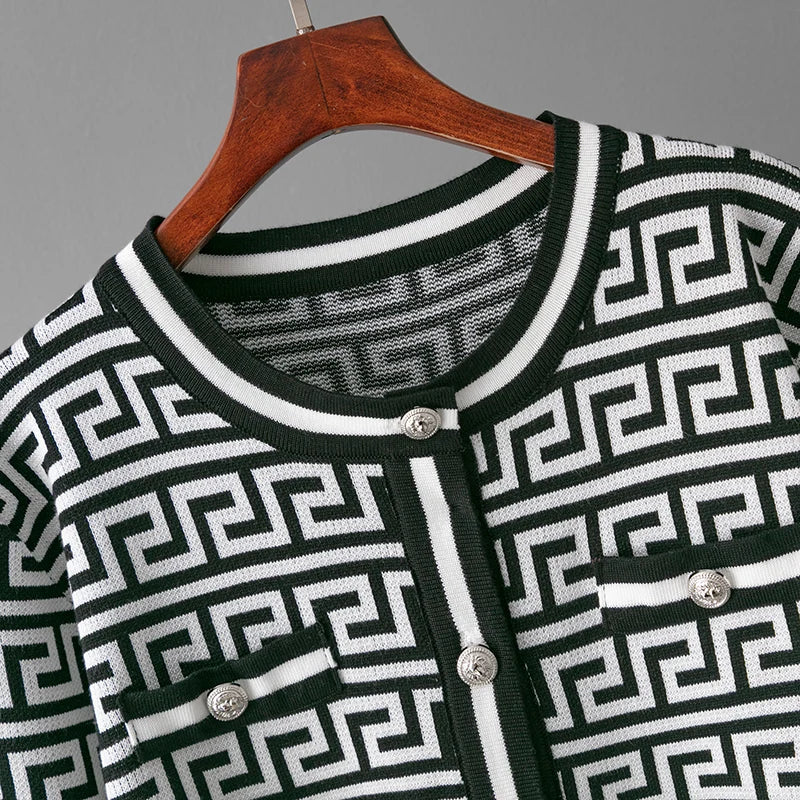 Geometric 3-Piece Knitted Co-ord Set with Crop Top & Cardigan