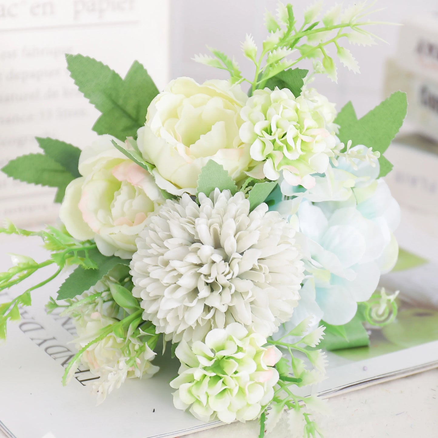 Blush Rose & Hydrangea Flower Bouquet – Pink Faux Floral Centrepiece for Home Decor