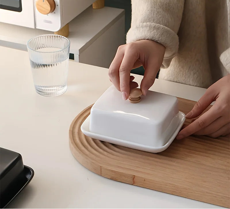 Black & White Ceramic Butter Dish with Wooden Handle – Rectangular Covered Butter Keeper for Kitchen & Dining
