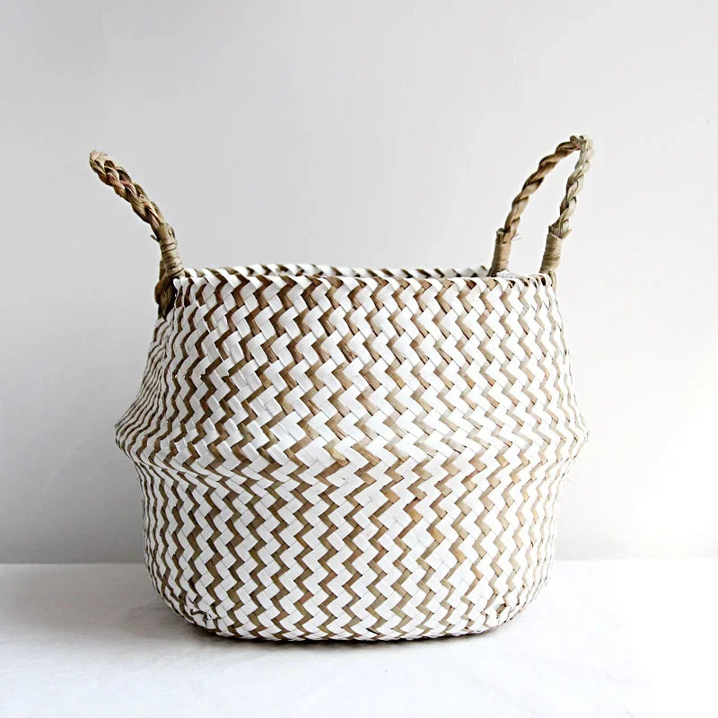 Wicker Storage Basket with Handles – Two-Tone Woven Organiser for Toys, Plants & Home Décor