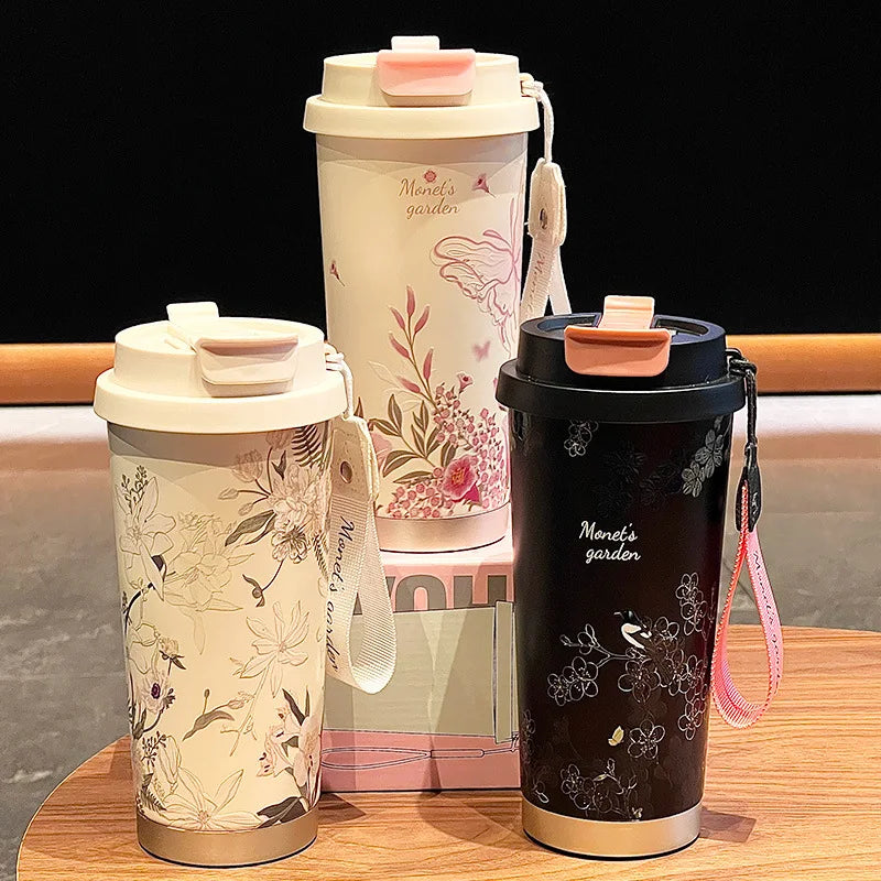 Floral Stainless Steel Travel Cup with Lid & Strap – Double Wall Insulated Coffee & Tea Tumbler 500ml