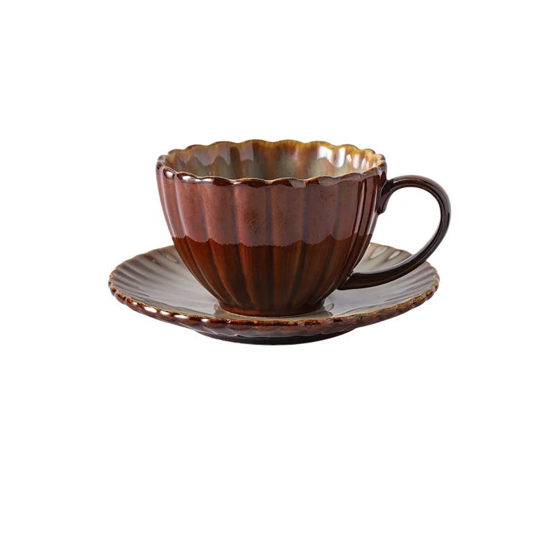 Aurevian Ribbed Coffee and Tea Cup and Saucer Set – Textured Ceramic Cup 200ml Signature Tableware