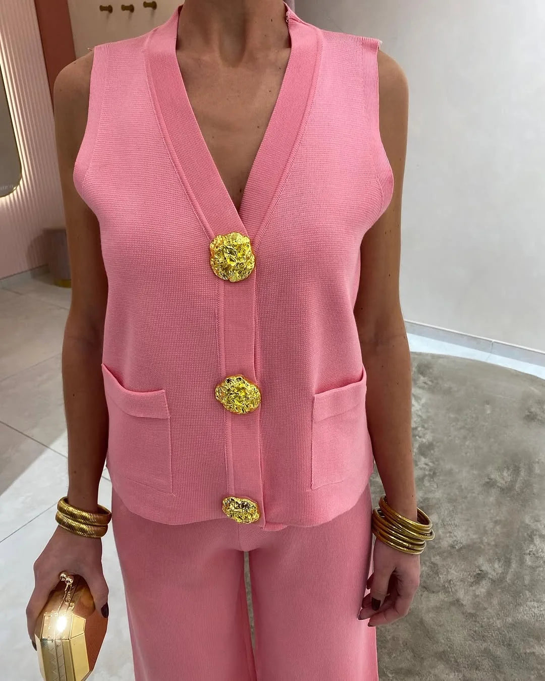 Solvaira Gold Button Knit Co-Ord Set – Sleeveless Knit Two Piece with Wide Leg Trousers for Summer & Holiday Outfits
