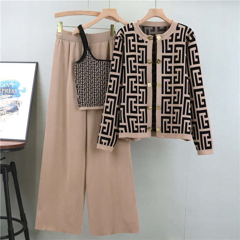 Bold 3-Piece Knit Co-ord Set with Geometric Pattern & Gold Buttons