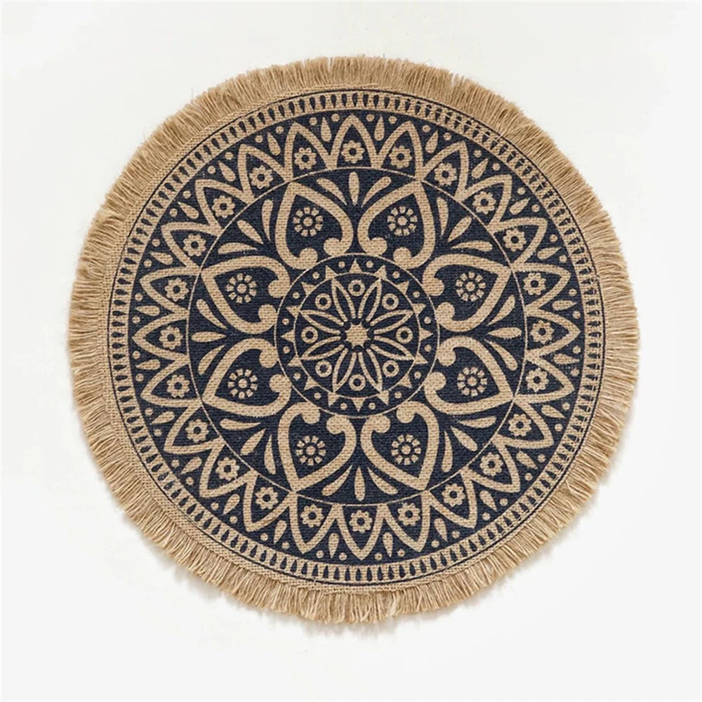 Boho Jute Round Placemats with Tassels – 38cm Natural Woven Table Mats for Rustic Dining & Home Decor