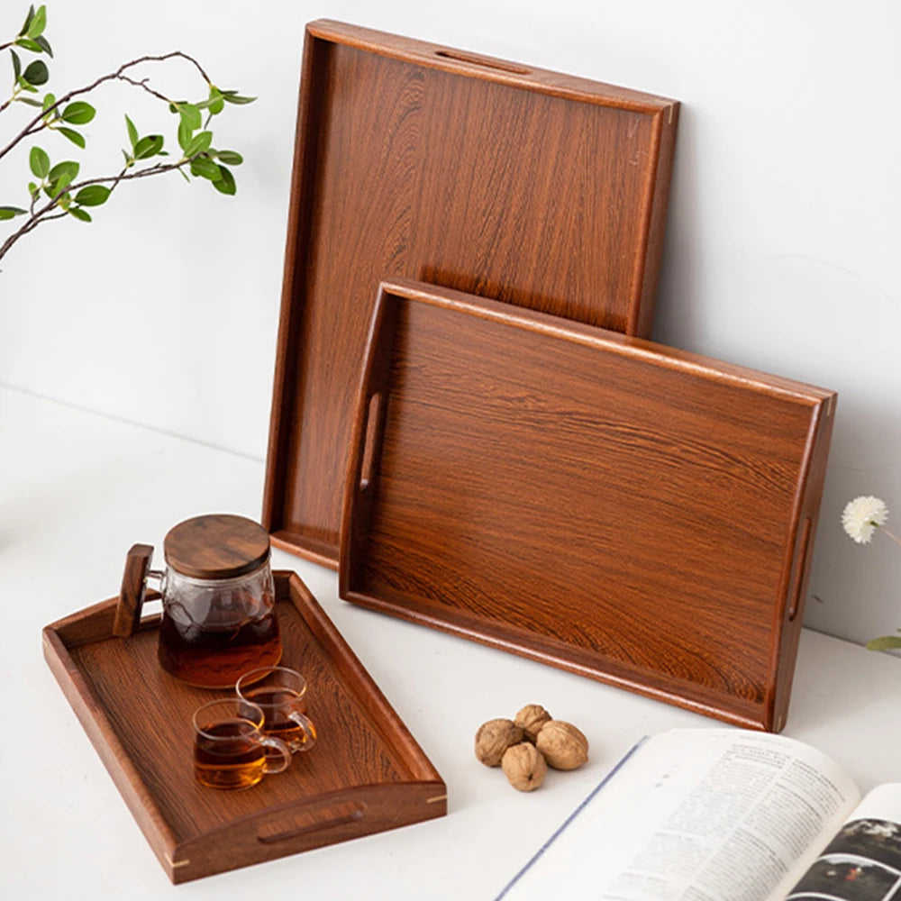 Wooden Serving Tray with Raised Edges – Rectangular Decorative Tea & Food Tray for Kitchen or Living Room