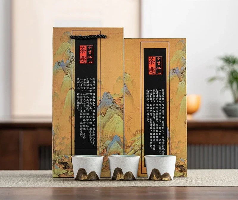 Mountain Landscape Ceramic Tea Cup Gift Set – 3-Piece Handmade Cups with Traditional Art Gift Box