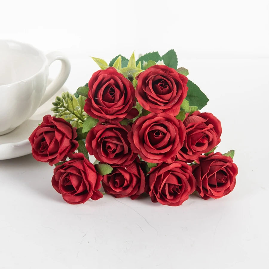 Silk Rose Flower Bouquet – 10 Stem Decoration for Vases, Weddings & Home Styling