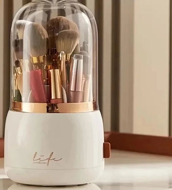 Rotating Makeup Brush Storage Organiser Dome Case – Portable Cosmetic Holder with Clear Cover for Vanity & Dressing Table