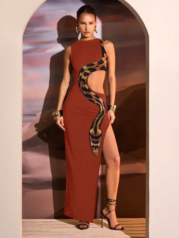 Virela Sleeveless Snake Print Cut-Out Bodycon Dress – Summer Party Dress with Side Slit