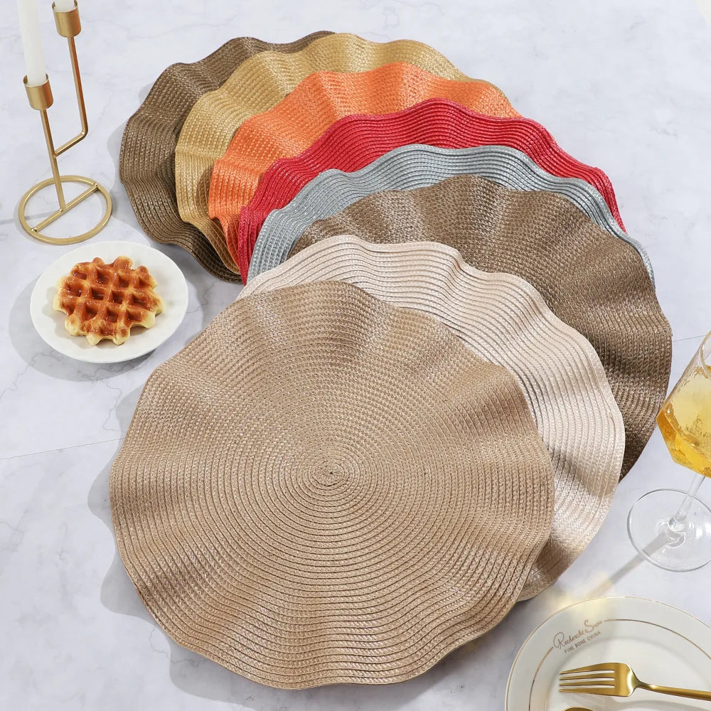 Braided Scallop Edge Placemats – Set of 6 Round 38cm Non-Slip Table Mats with Ripple Design for Dining Decor