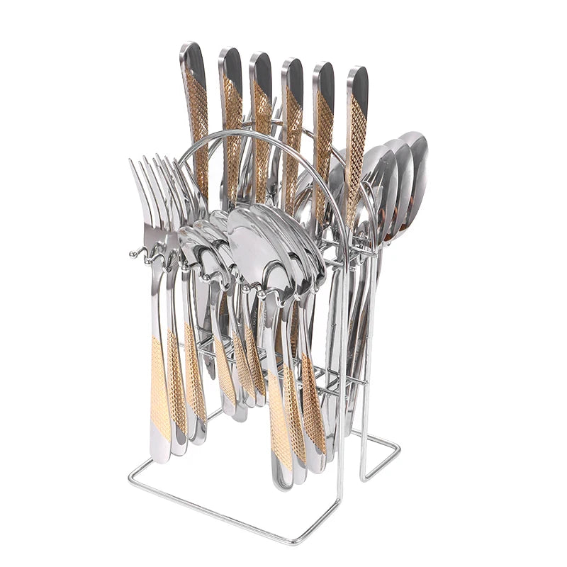 24-Piece Stainless Steel Cutlery Set with Stand – Gold & Silver Knife, Fork, Spoon Flatware Set for Dining