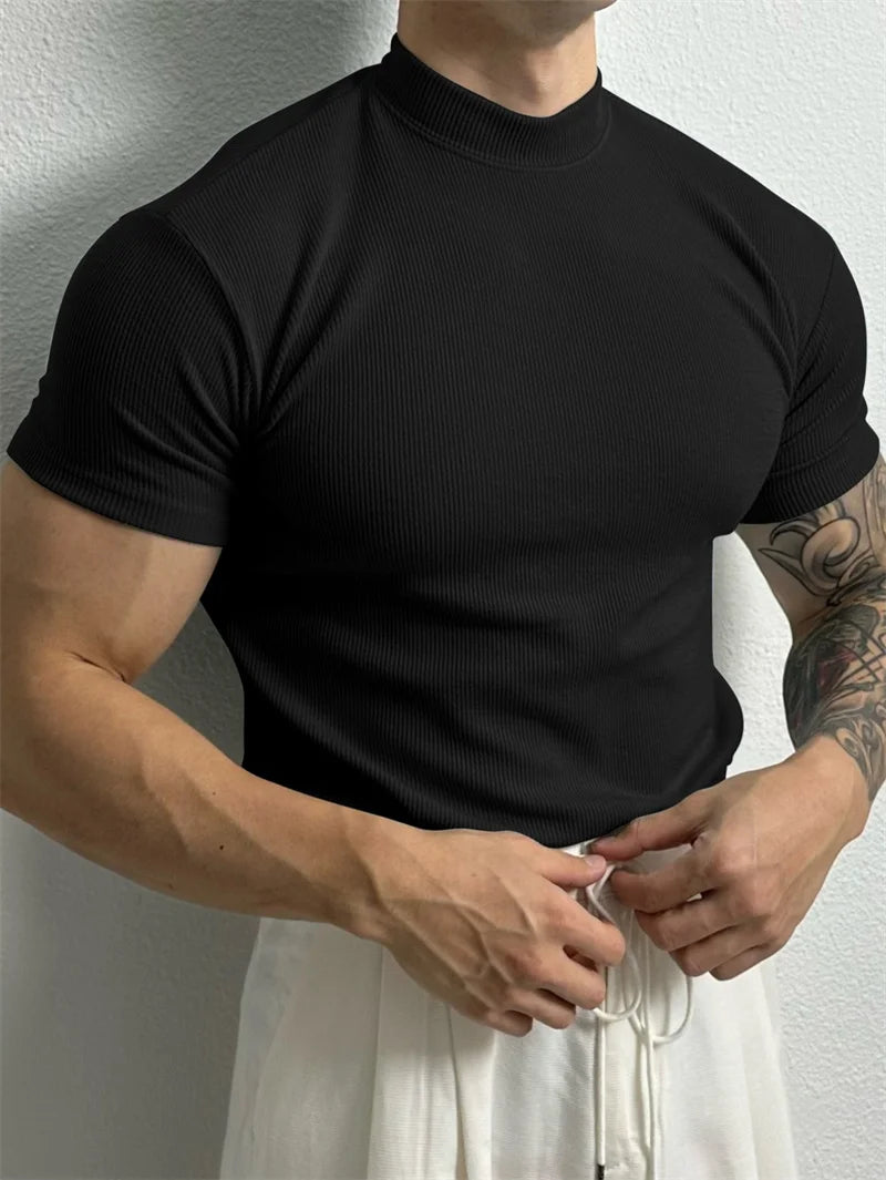 Men’s Slim Fit High Neck T-Shirt – Short Sleeve Tee