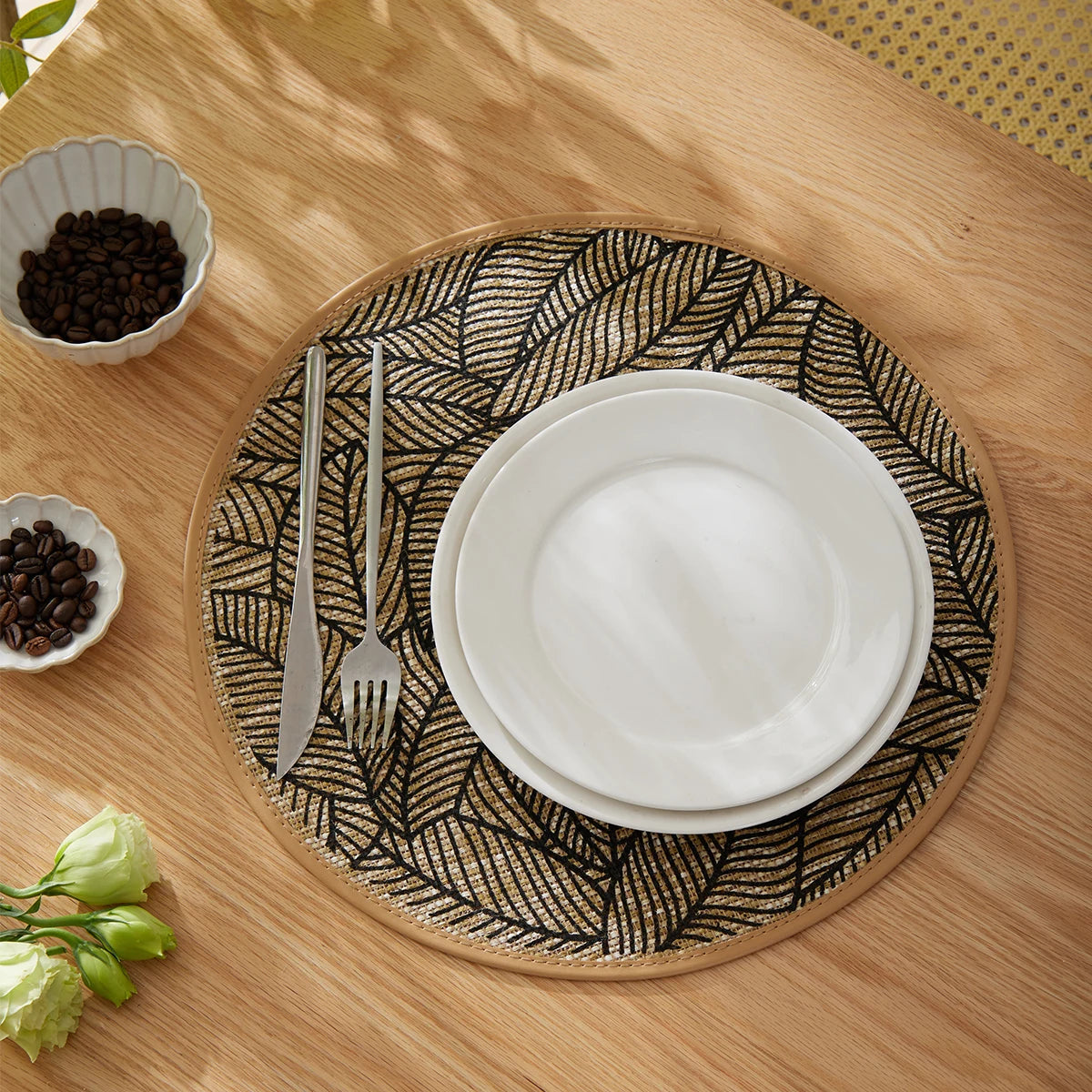 Boho Leaf Pattern Round Placemats for Dining Table – 2/4/6/8 Set Decorative Heat Resistant Table Mats