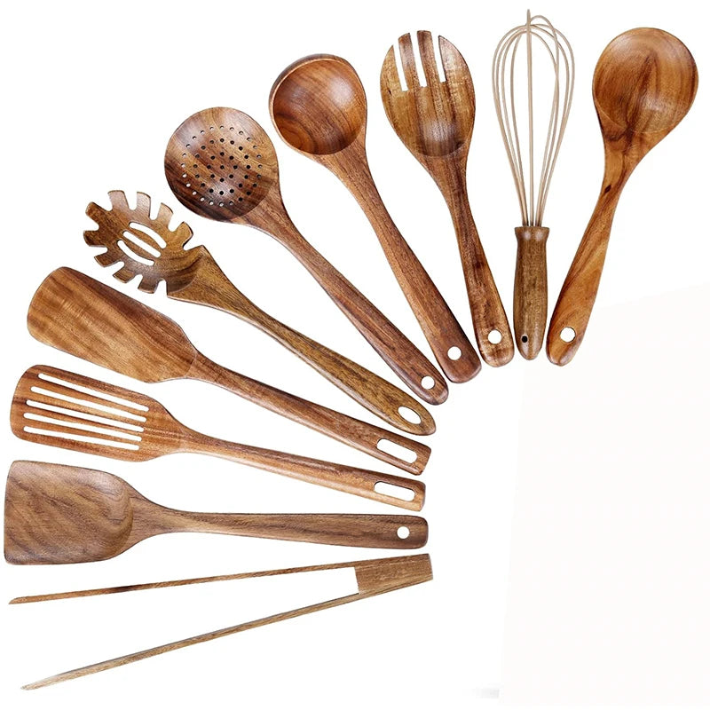 Natural Bamboo Wood Kitchen Utensil Set – 7/10-Piece Wooden Cooking Spoons, Spatulas & Tongs for Non-Stick Cookware