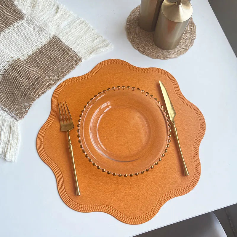 Flower Shaped Embossed Faux Leather Placemats – 38cm Round Dining Table Mats in 1pc, 4pcs or 6pcs Sets