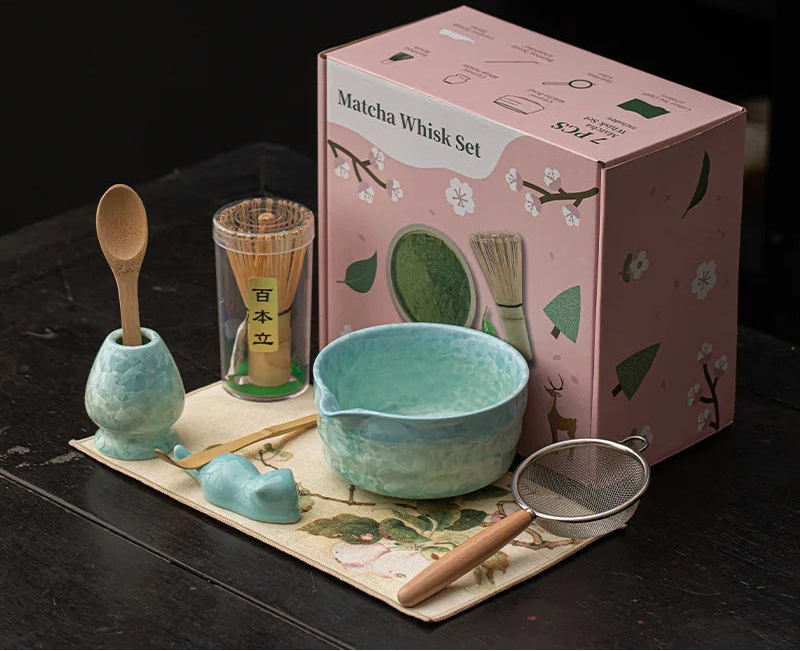 Hyoka Glaze Ceramic Matcha Tea Set – 4 Piece & 8 Piece Matcha Starter Kit, Matcha Bowl with Whisk, Scoop, Strainer and Accessories