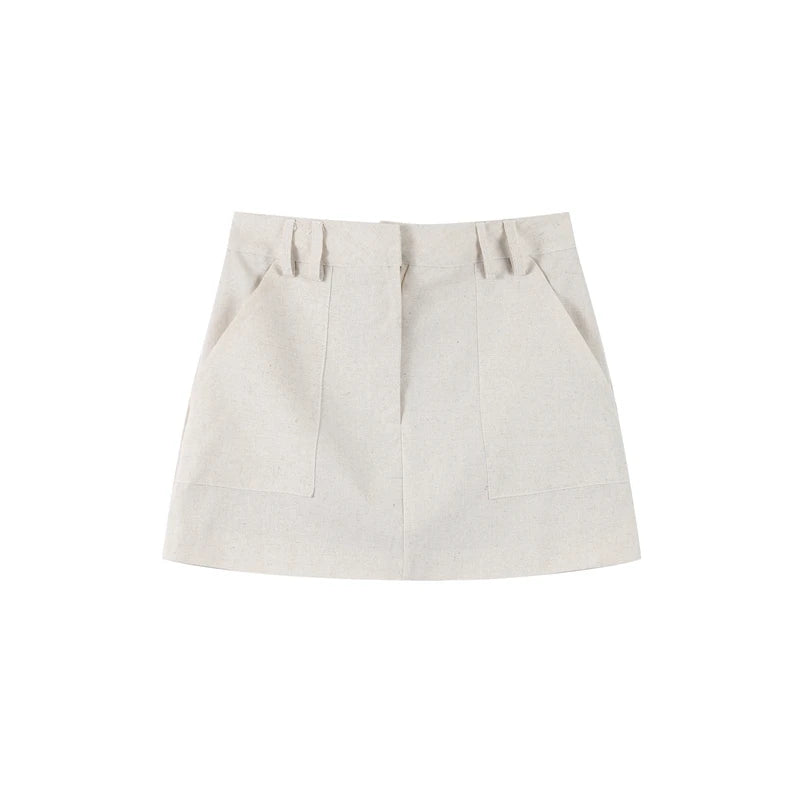 Maris Asymmetric Button Co-ord Set – Sleeveless Vest & Mini Skirt Two-Piece in Natural Beige