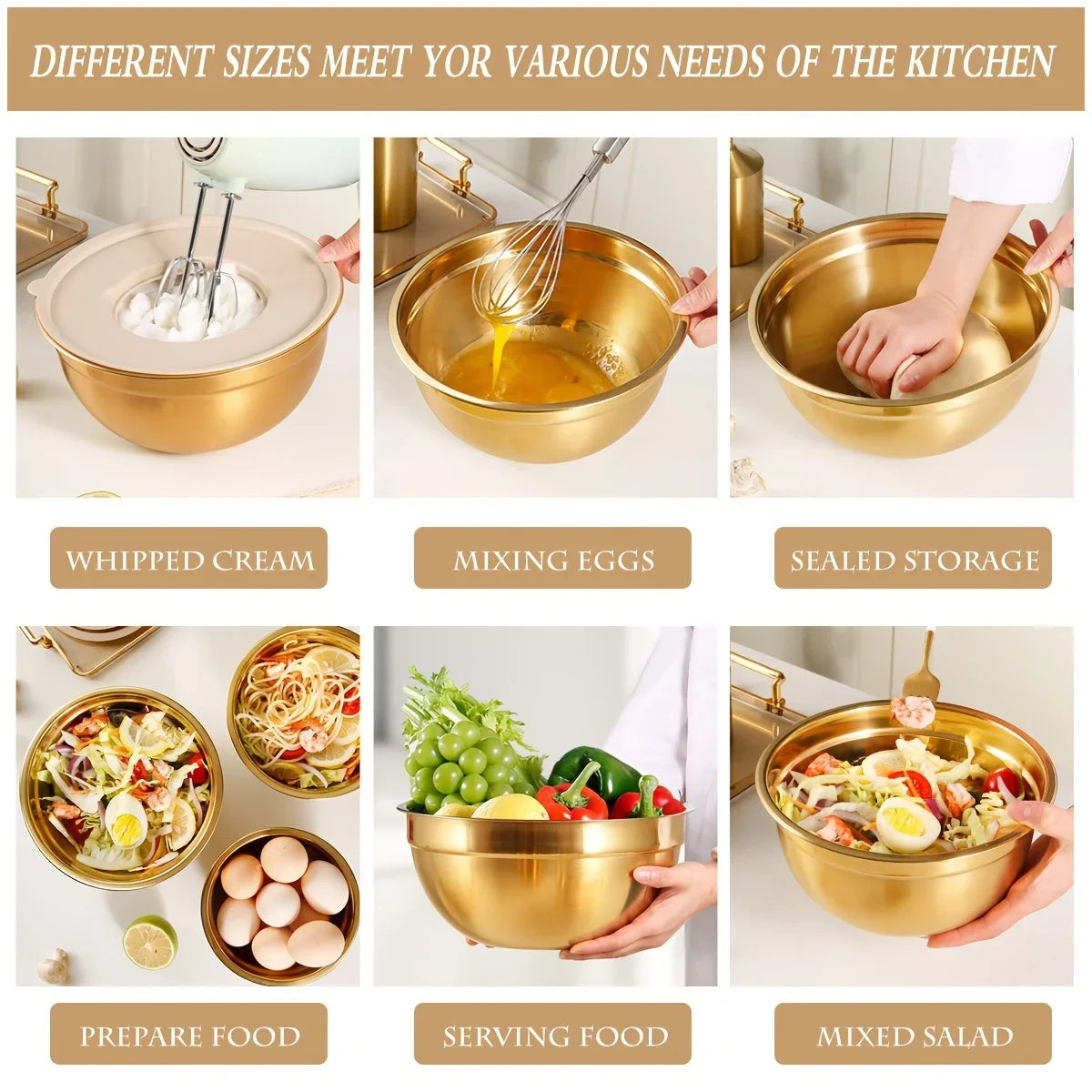 Gold Stainless Steel Mixing Bowls Set with Lids & Graters – 5 Piece Kitchen Food Prep, Salad & Baking Bowls