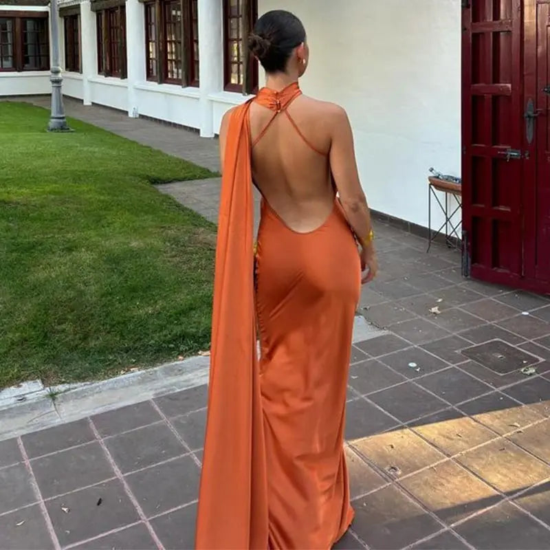 Graceful One-Shoulder Maxi Dress With Flowing Cape Detail