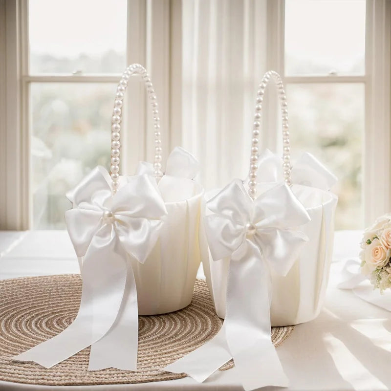 Ivory Satin Flower Girl Basket & Ring Cushion Set – Wedding Ceremony Accessories with Pearl Handle & Bow Detail