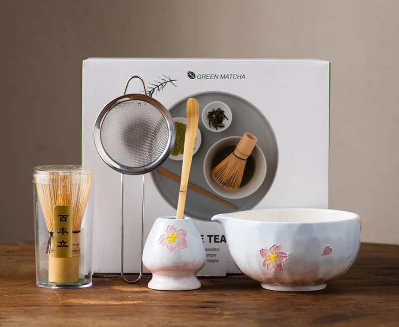 Sakura Bloom Matcha Making Set – 5-Piece Japanese Matcha Tea Bowl & Whisk Kit with Bamboo Scoop, Sifter & Holder