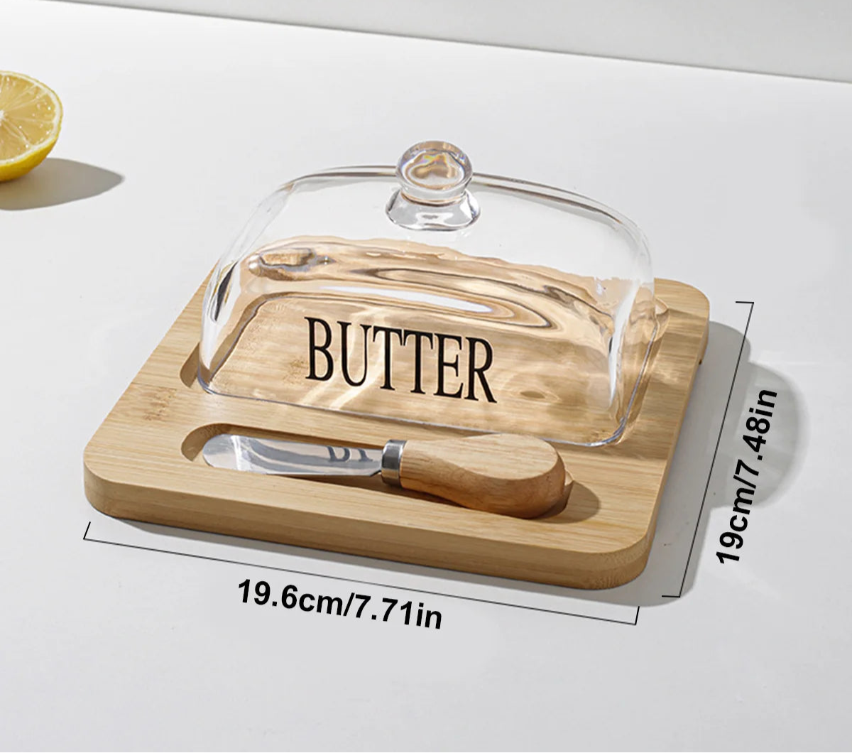 Bamboo Butter Dish with Glass Lid & Knife – Wooden Butter Container with Cutter and Storage Tray