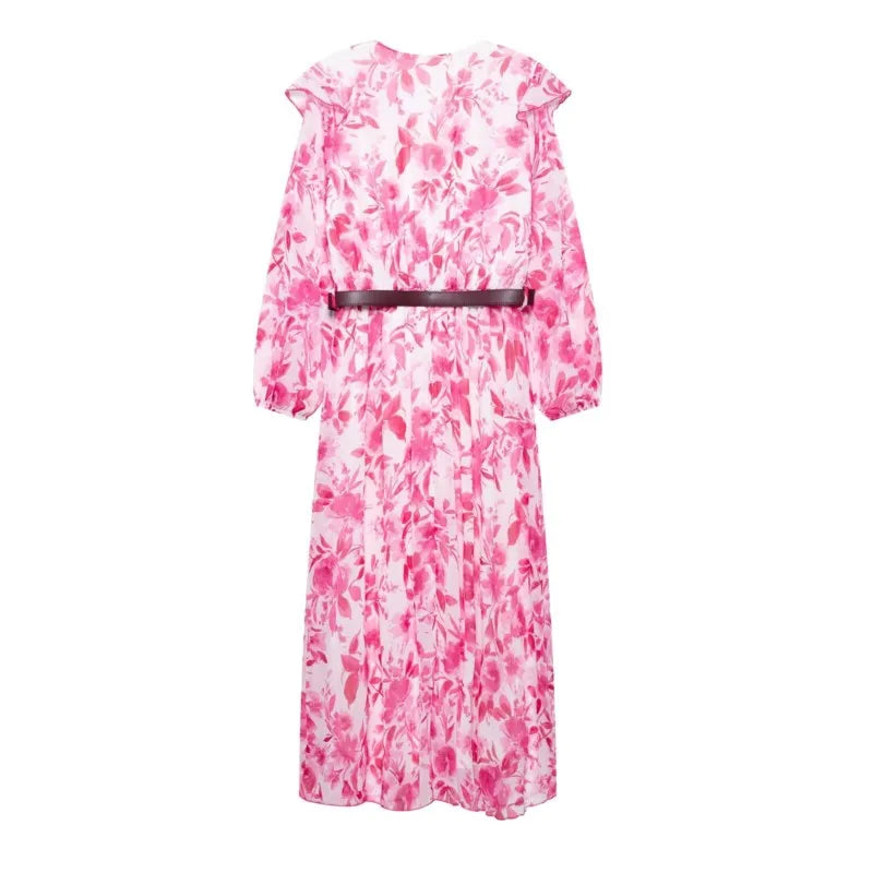 Sarella Ruffle Belted Midi Dress – Pink Floral V-Neck Long Sleeve Occasion Dress