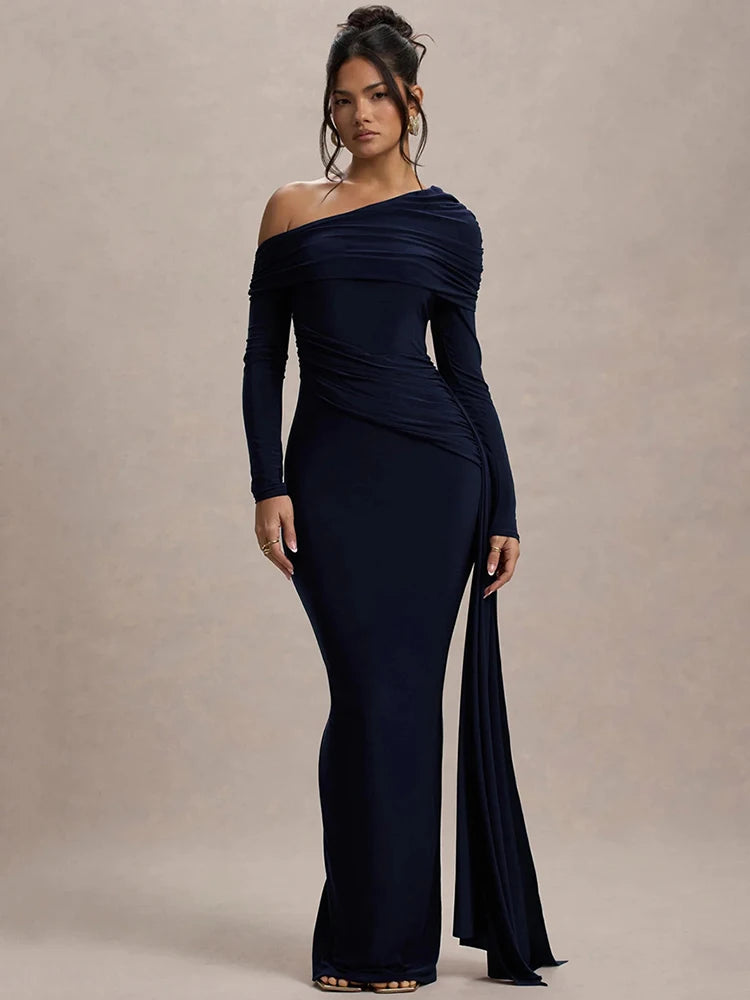 Aurelle Asymmetric Off-Shoulder Bodycon Maxi Dress – Ruched Summer Occasion Dress in Burgundy, Black or Green