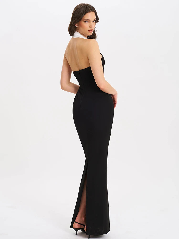 Vionette Halterneck Tuxedo Maxi Dress – Sleek Formal Gown with Tailored Fit and Contrast Collar
