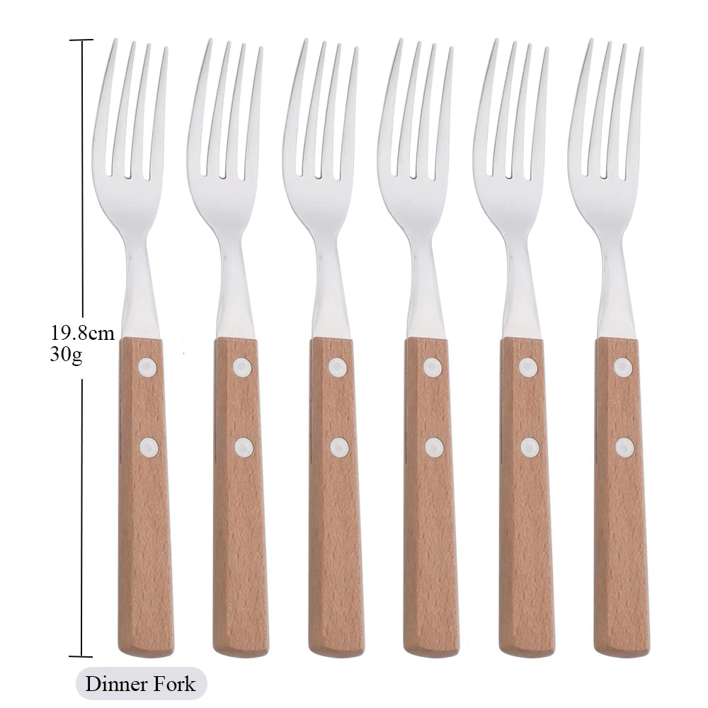 Wooden Handle Cutlery Set – 24 Piece Stainless Steel Knives, Forks & Spoons for Dining & Kitchen