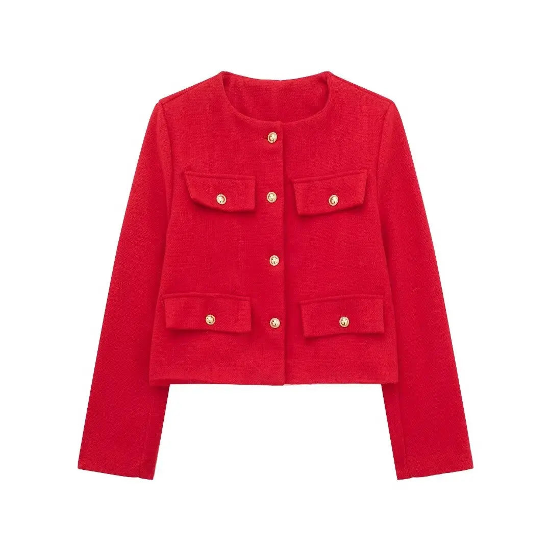 Giada Gold Button Pocket Jacket – Tailored Cropped Blazer-Style Spring Jacket in Cream, Black, Red, Beige & More