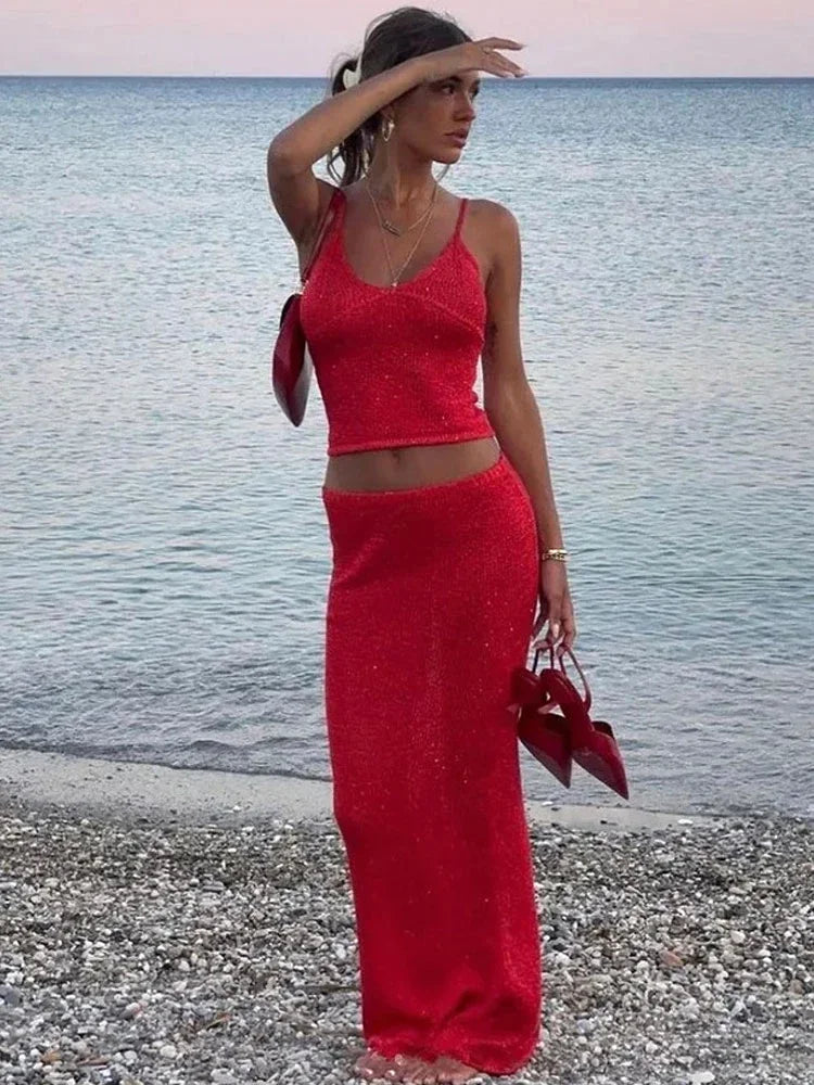 Marilou Glitter Knit Co-Ord Set – Sparkly Two-Piece Crop Top & Maxi Skirt Holiday Outfit