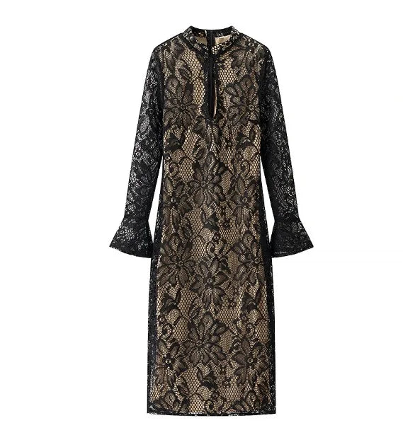Lunetta Black Lace Midi Dress – Flared Sleeve High Neck Bodycon Sheer Floral Overlay in Red or Black