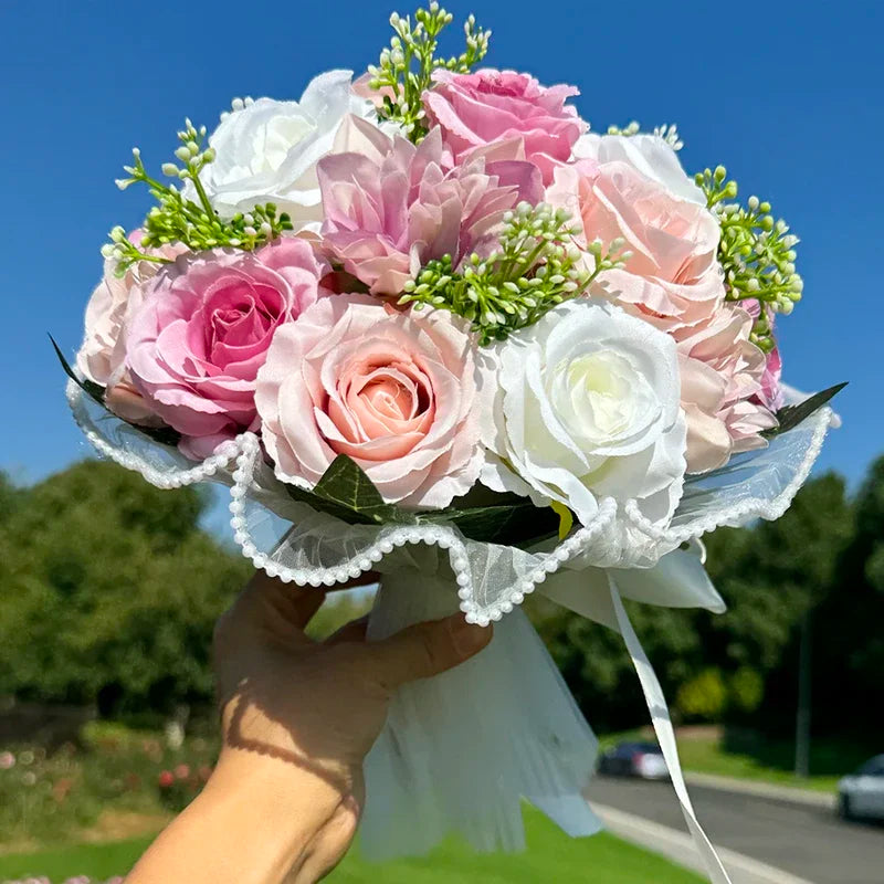 Elodie Peach and Ivory Rose Bridal Bouquet – Wedding Flowers with Pearl Trim