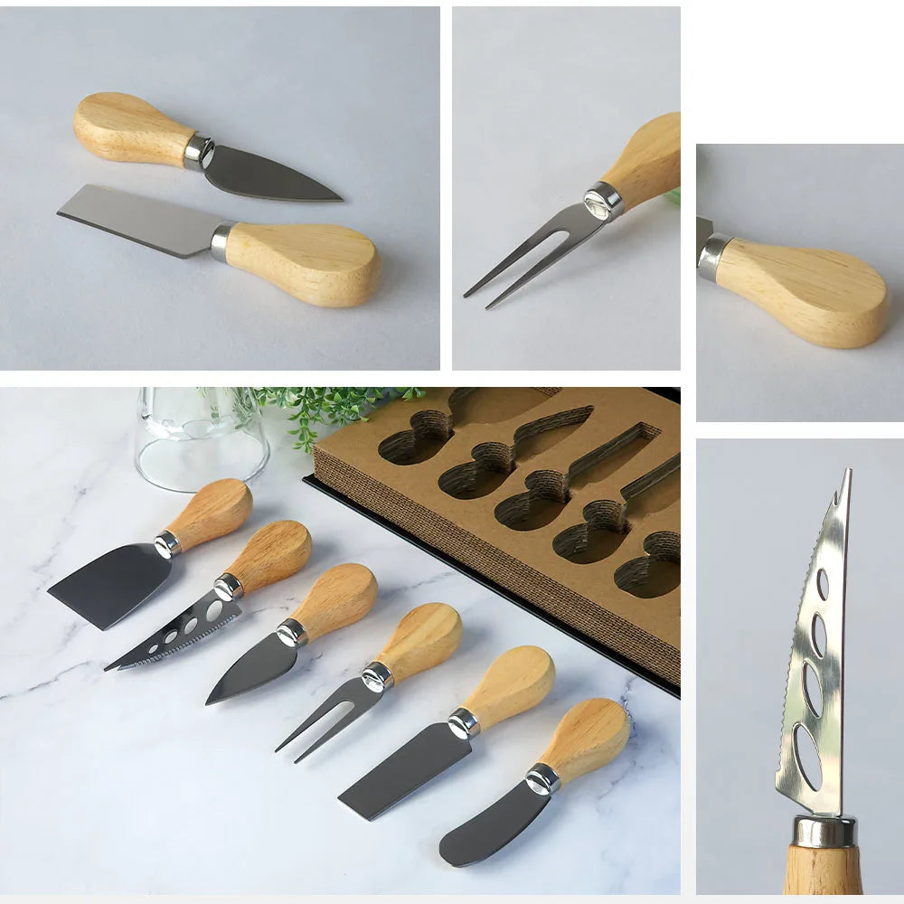 6 Piece Stainless Steel Cheese Knife Set with Walnut Handles – Cheese Board Utensils in Gift Box