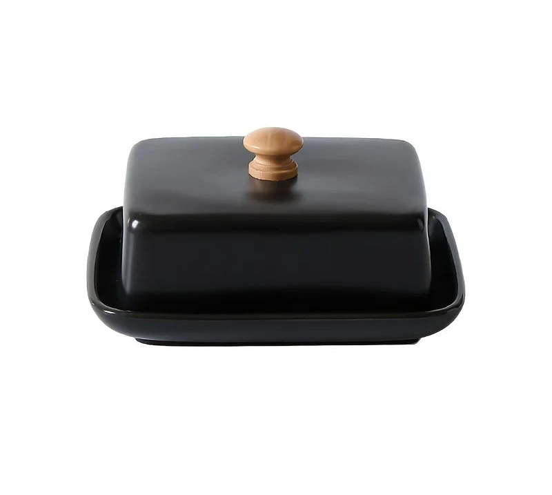 Black & White Ceramic Butter Dish with Wooden Handle – Rectangular Covered Butter Keeper for Kitchen & Dining