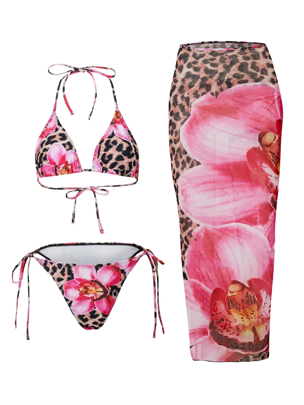 Floral Bikini and Mesh Skirt Set – Summer Holiday 3 Piece Swimsuit in Tropical Prints and Animal Patterns