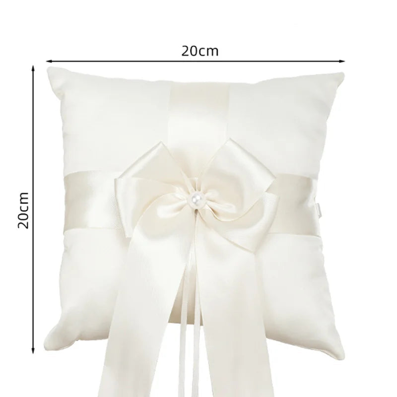 Ivory Satin Flower Girl Basket & Ring Cushion Set – Wedding Ceremony Accessories with Pearl Handle & Bow Detail