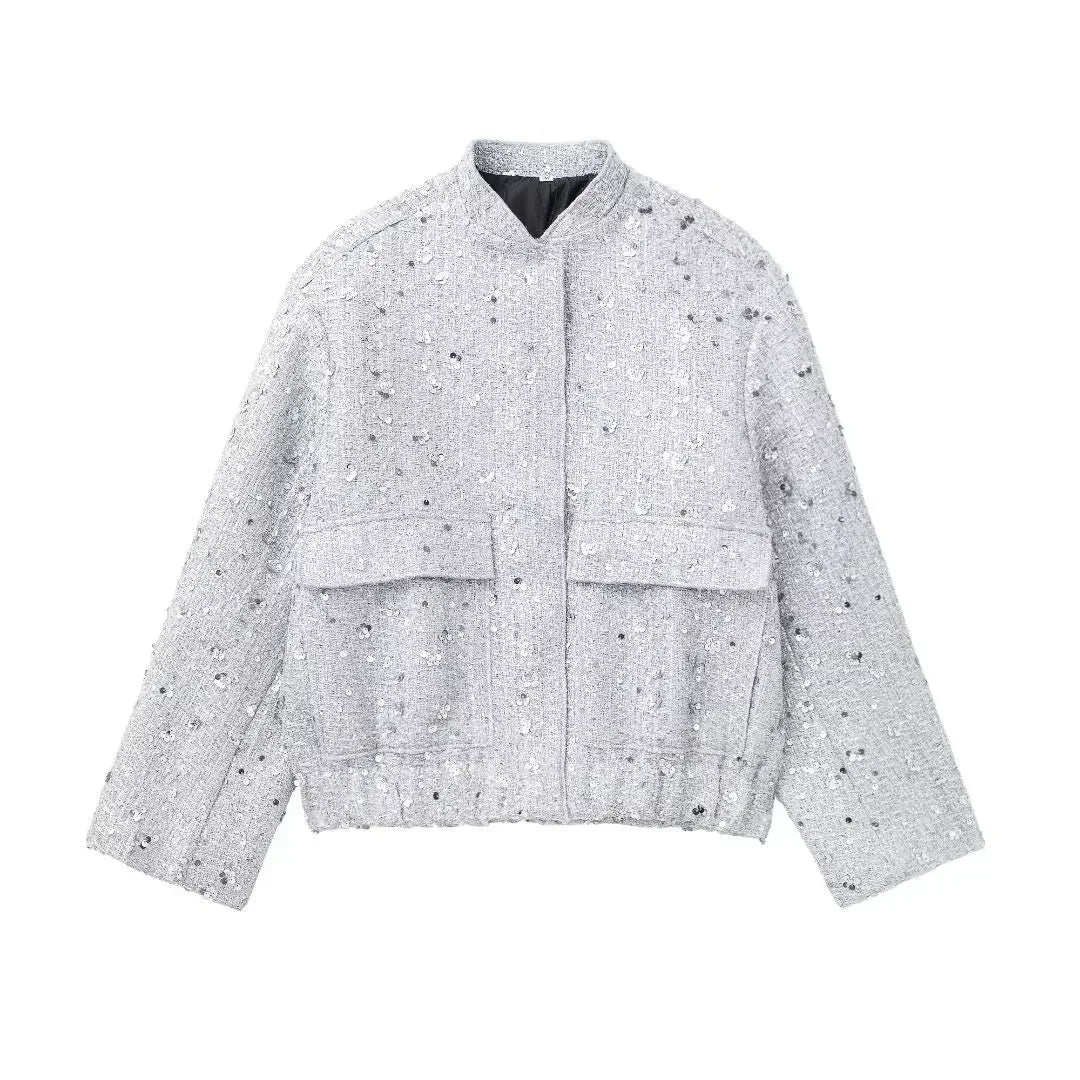 Averelle Sequin Bomber Jacket – Gold, Black & White Glitter Oversized Coat for Women