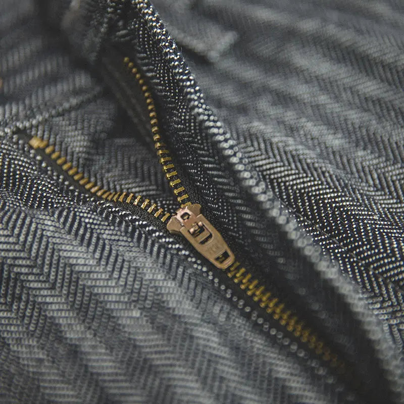 Grey Striped Herringbone Straight Leg Trousers – Smart Casual Zip Fly Men’s Jeans with Pockets