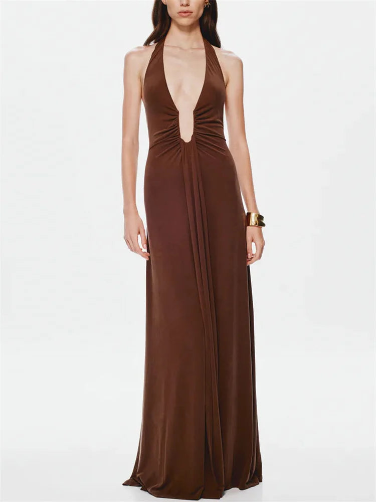 Savina Halterneck Plunge Ruched Maxi Dress – White, Chocolate Brown, Lilac, Silver & Black Summer Occasion Dress