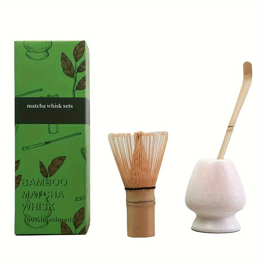 Bamboo Matcha Whisk & Scoop Set – 3-Piece Japanese Tea-Making Kit with Ceramic Holder