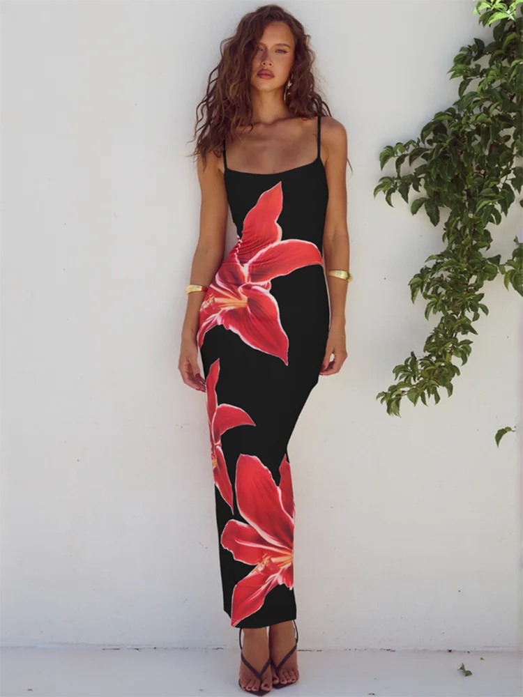 Camaria Floral Print Spaghetti Strap Maxi Dress – Summer Bodycon Holiday Gown in White, Pink, Black or Blue