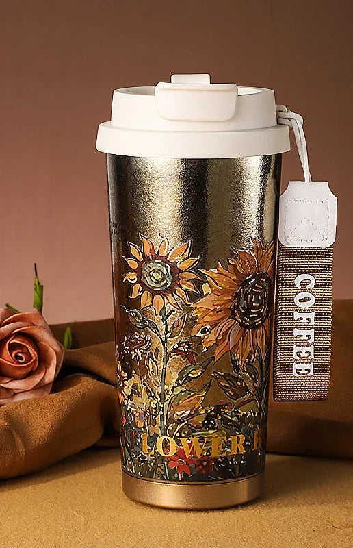 Titanium Travel Coffee Mug with Leak-Proof Lid & Carry Strap – 500ml Insulated Tumbler for Hot & Cold Drinks