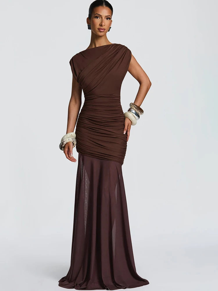 Vionna One Shoulder Ruched Mesh Bodycon Maxi Dress – Draped Evening Go –  Giftology London