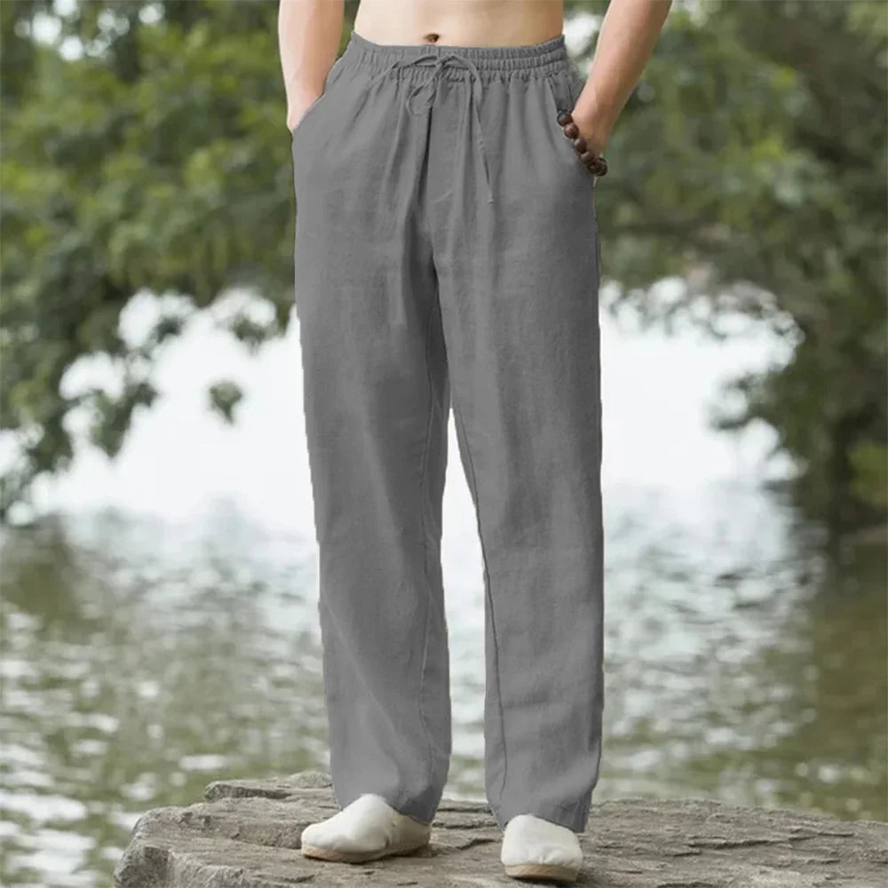 Men’s Loose Fit Linen Trousers – Lightweight Drawstring Waist Straight Leg Summer Pants