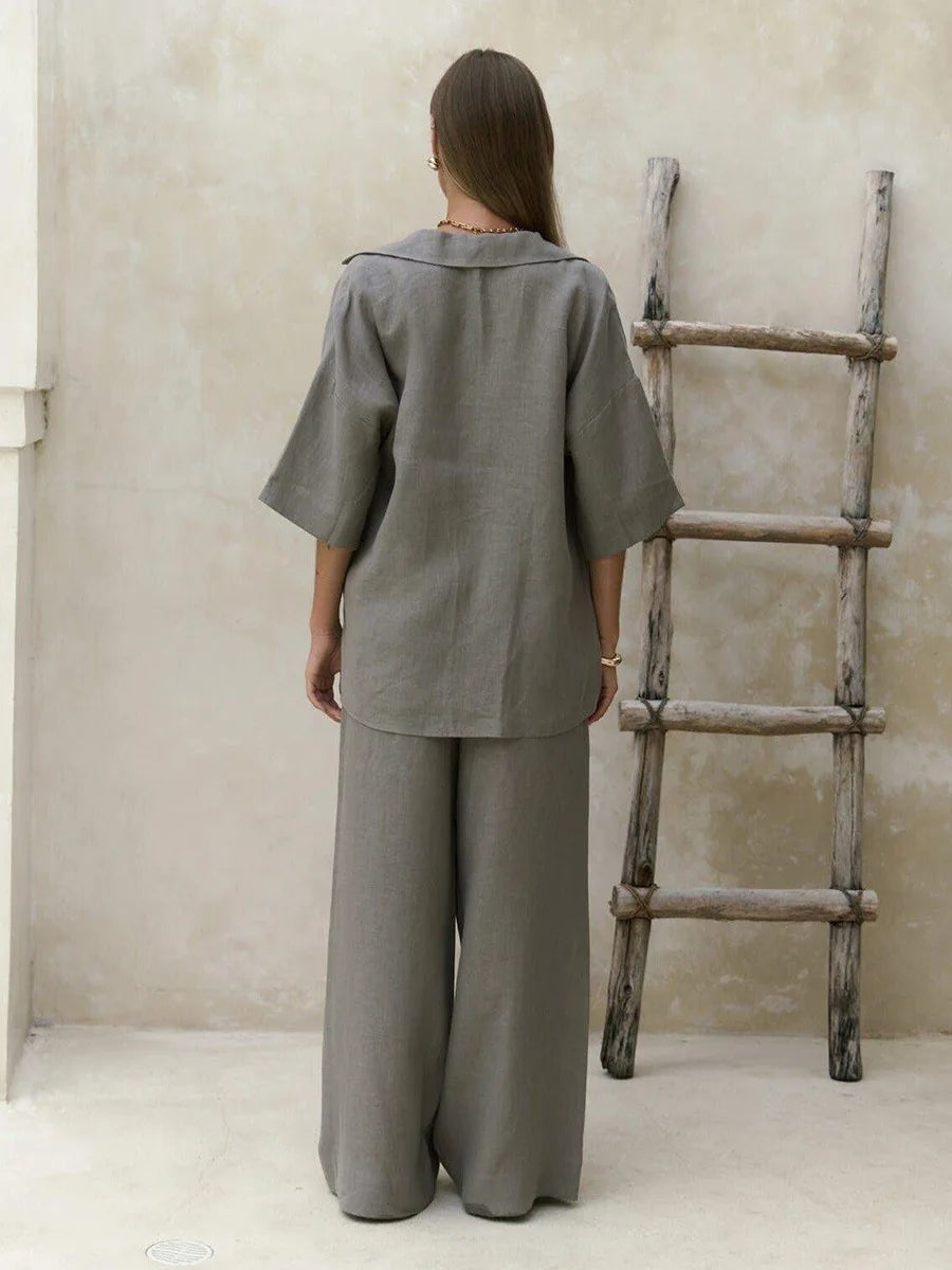 Ismena Oversized Shirt and Wide-Leg Trouser Co-Ord Set – Relaxed Linen Look Beach Holiday Outfit in White, Taupe, Beige & Grey